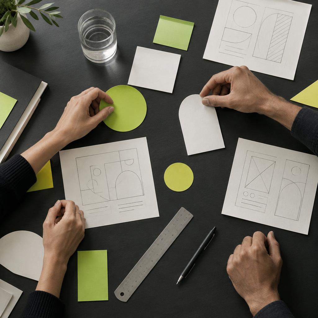 Creative collaborators shaping a concept with paper forms and interface sketches